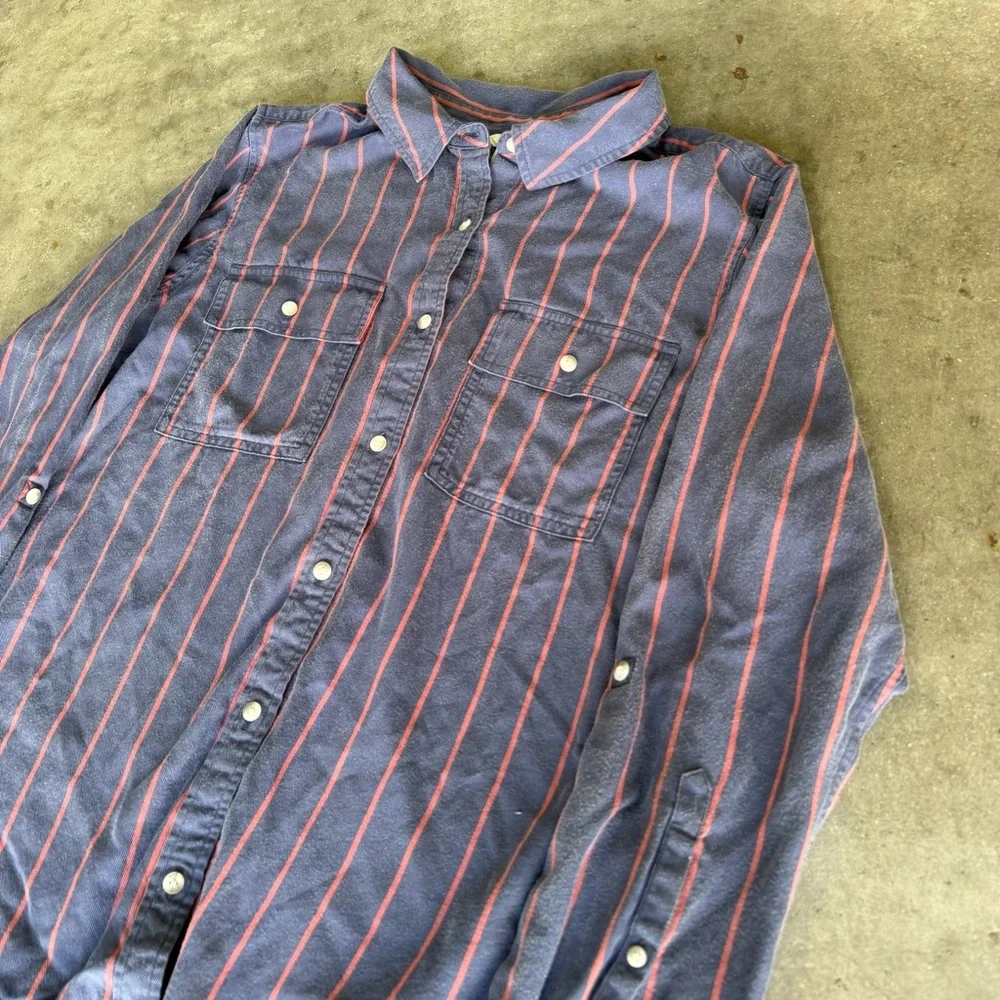 LL Bean Soft Washed Utility Shirt Tencell Darkest Indigo Stripe Woman’s XL - Picture 2 of 5